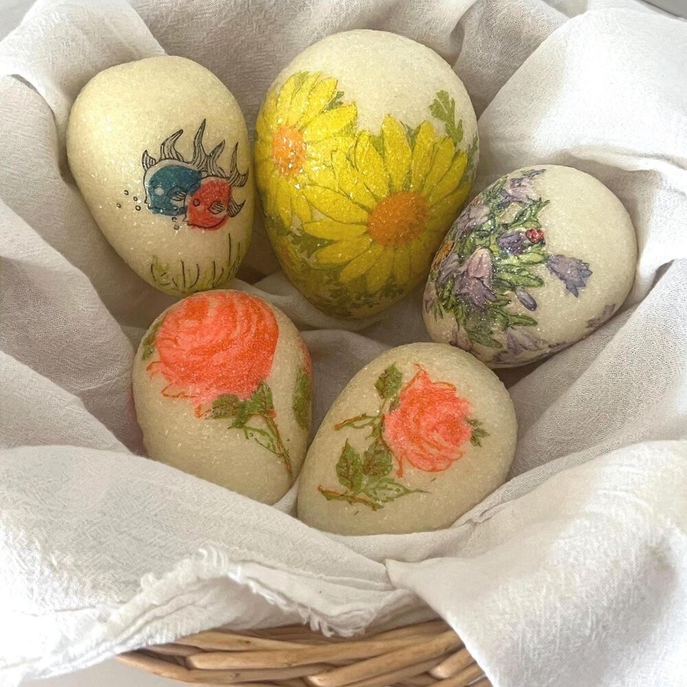 Vintage Sugar Glitter Easter Eggs Hand Decorated Floral Cottage Decor, Set of 5